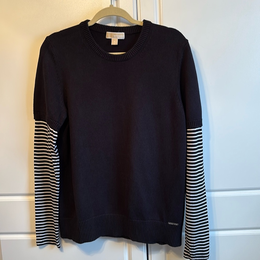 Michael Kors sweater in dark navy with cute striped sleeves.